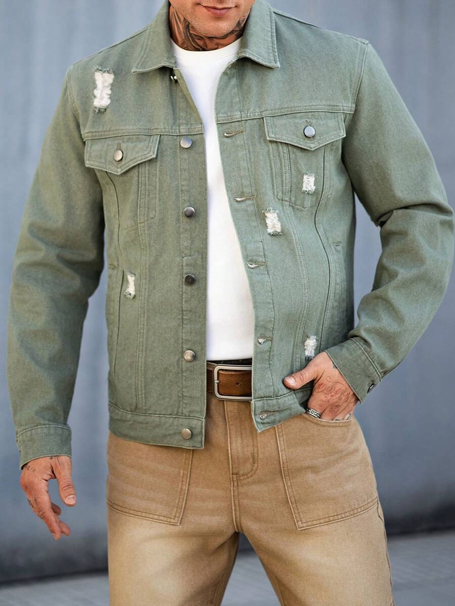 Manfinity Homme Men's Green Distressed Denim Jacket - Army Green - View 1