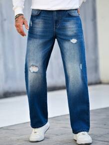 Manfinity Homme 男士简约直筒破洞口袋牛仔裤，休闲日常穿着