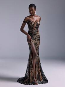 Elitara 优雅奢华露肩黑色撞色蕾丝亮片褶饰高开衩鱼尾长裙，适合婚礼、派对、舞会、活动、宴会、婚礼宾客礼服、正式礼服、晚礼服、长袍 - 黑色 - 查看 2