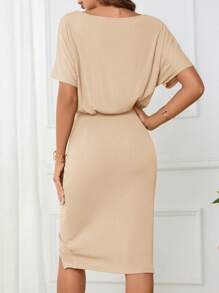 SHEIN Clasi 女士休闲简约开叉蝙蝠袖连衣裙，夏季 - 杏色 - 查看 2