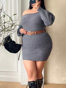 SHEIN Clasi Elegant Plus Size Solid Color Asymmetric Collar Long Sleeve Knit Sweater Dress - Dark Grey - View 7