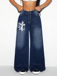 SHEIN ICON Women's Cross Printed Pocket Loose Fit Casual Jeans