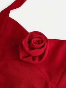 Girlism Vestido ajustado de línea A rojo de punto con halter para niñas preadolescentes, con decoración de flores 3D y detalle fruncido, adecuado para el Día de San Valentín, fiestas y uso casual