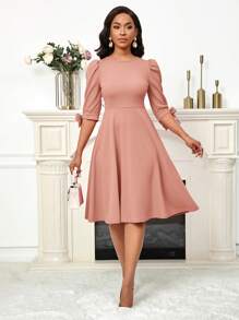 SHEIN Lady 优雅粉色泡泡袖腰连衣裙 - 藕粉色 - 查看 4