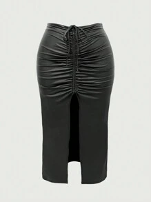Maweii Plus Size Women's Solid Color PU Leather Drawstring Slit Hem Sexy Skirt - Black - View 1