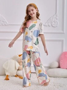 SHEIN 青少年女孩卡通熊印花圓領短袖寬鬆休閒居家睡衣套裝，2件組睡衣套裝 - 白色 - 查看 3