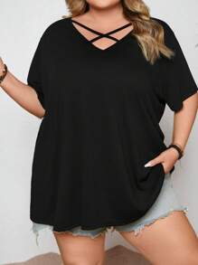 SHEIN CURVE+ Plus Casual Solid Criss Cross Front Tee - Black - View 5