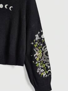 ROMWE Goth Plus Size Nature-Inspired Embroidery Butterfly, Plant, Snake Flower High Neck Pullover Sweater With Lantern Sleeves, Plus Size - Black - View 3