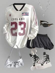 Coolane 女子比赛日运动休闲数字图案长袖 T 恤 - 白色 - 查看 1