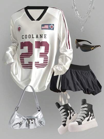 Coolane 女子比赛日运动休闲数字图案长袖 T 恤