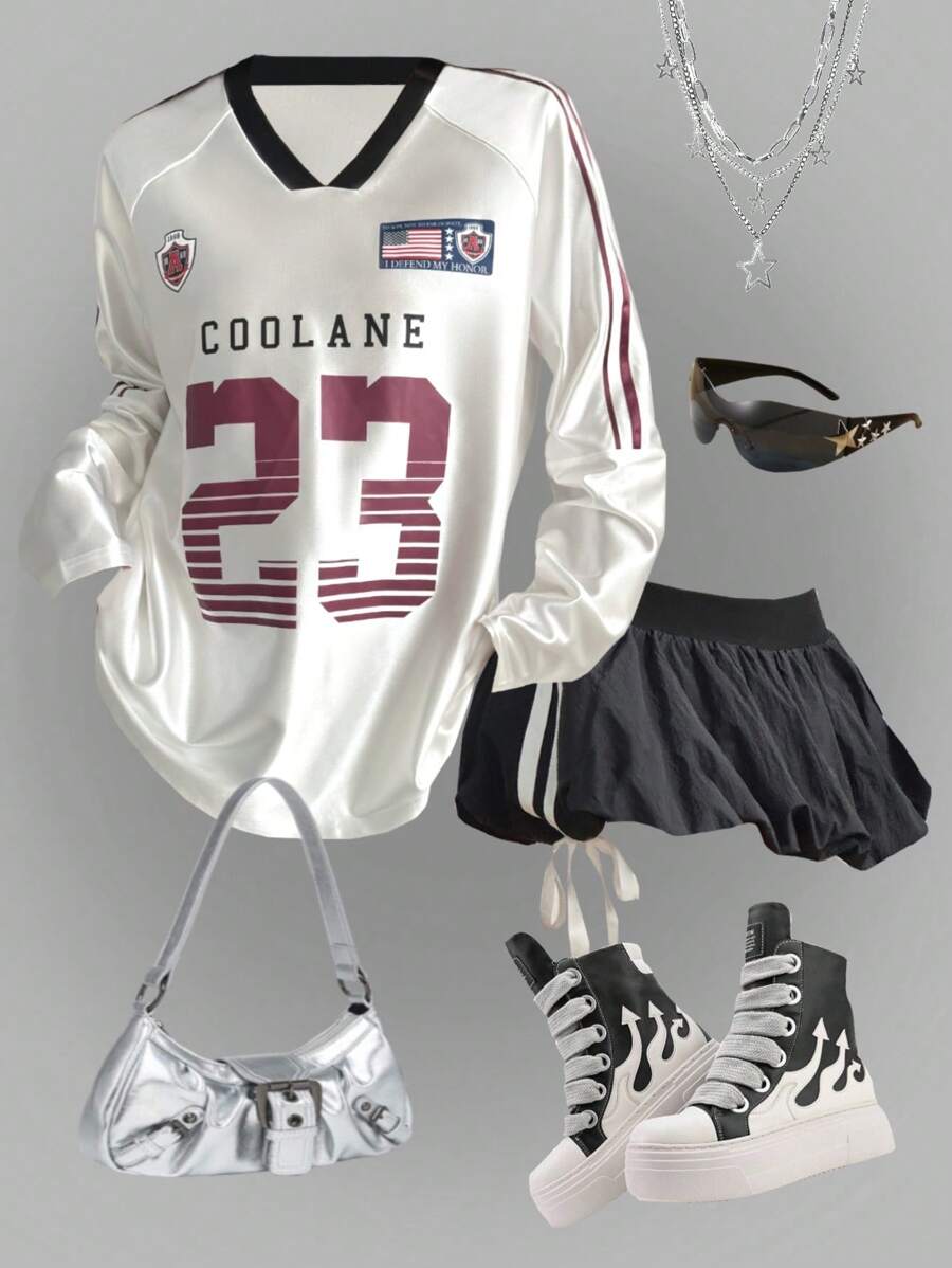 Coolane 女子比赛日运动休闲数字图案长袖 T 恤 - 白色 - 查看 1