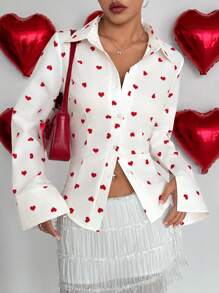 SHEIN Unity 心形印花简约修身女士衬衫，情人节 - 彩色 - 查看 4