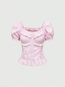 ROMWE Kawaii Áo cánh tay bồng kẻ caro viền bèo nhún Himekaji mùa hè cho nữ - Hồng - Xem 1