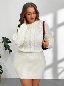 SHEIN Privé Plus Size Women Elegant Loose Top Tight Bottom Round Neck Pullover Sweater Dress, Retro College Style, Ivory White Mini Bodycon Dress - White - View 1
