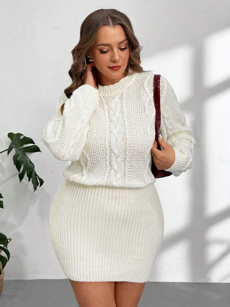 SHEIN Privé Plus Size Women Elegant Loose Top Tight Bottom Round Neck Pullover Sweater Dress, Retro College Style, Ivory White Mini Bodycon Dress - White - View 1