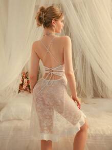 2 件套情人节蕾丝拼接性感内衣睡衣连衣裙 + 丁字裤 - 白色 - 查看 2