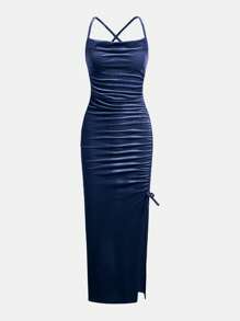 Teen Girls' Solid Color/Knit/Velvet Criss-Cross Strap Pleated/Spaghetti Strap/Split Hem Dress, Party/Graduation Dress