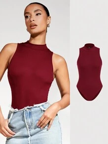 SHEIN BASICS 女士立领无袖休闲紧身衣，简约修身版型 - 酒紅色 - 查看 1