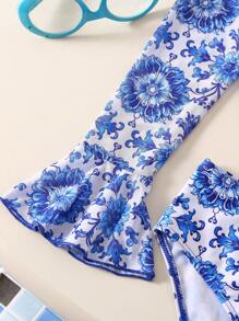 3 stuks/set badkleding voor meisjes, mesh top met vintage porseleinen bloemenprint