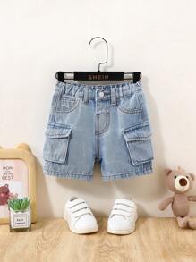 SHEIN 男婴夏季休闲时尚宽松蓝色牛仔工装短裤，婴儿春夏装春假装 - 中等水洗藍 - 查看 1