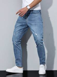 Manfinity Homme 男式休闲破洞锥形洗水牛仔裤 - 淺色水洗藍 - 查看 8