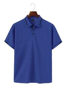 Calvornis Men's Colorblock Splicing Front Button Short Sleeve Simple Polo Shirt, Casual Everyday Wear, Formal, Ceremony - Royal Blue - View 4