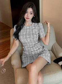 DAZY Women Elegant Plaid Round Neck Puff Sleeve Short Dress Prom Dress Fall,Winter