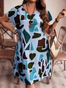 EMERY ROSE Vestido de manga murciélago con estampado completo de talla grande para uso casual en verano