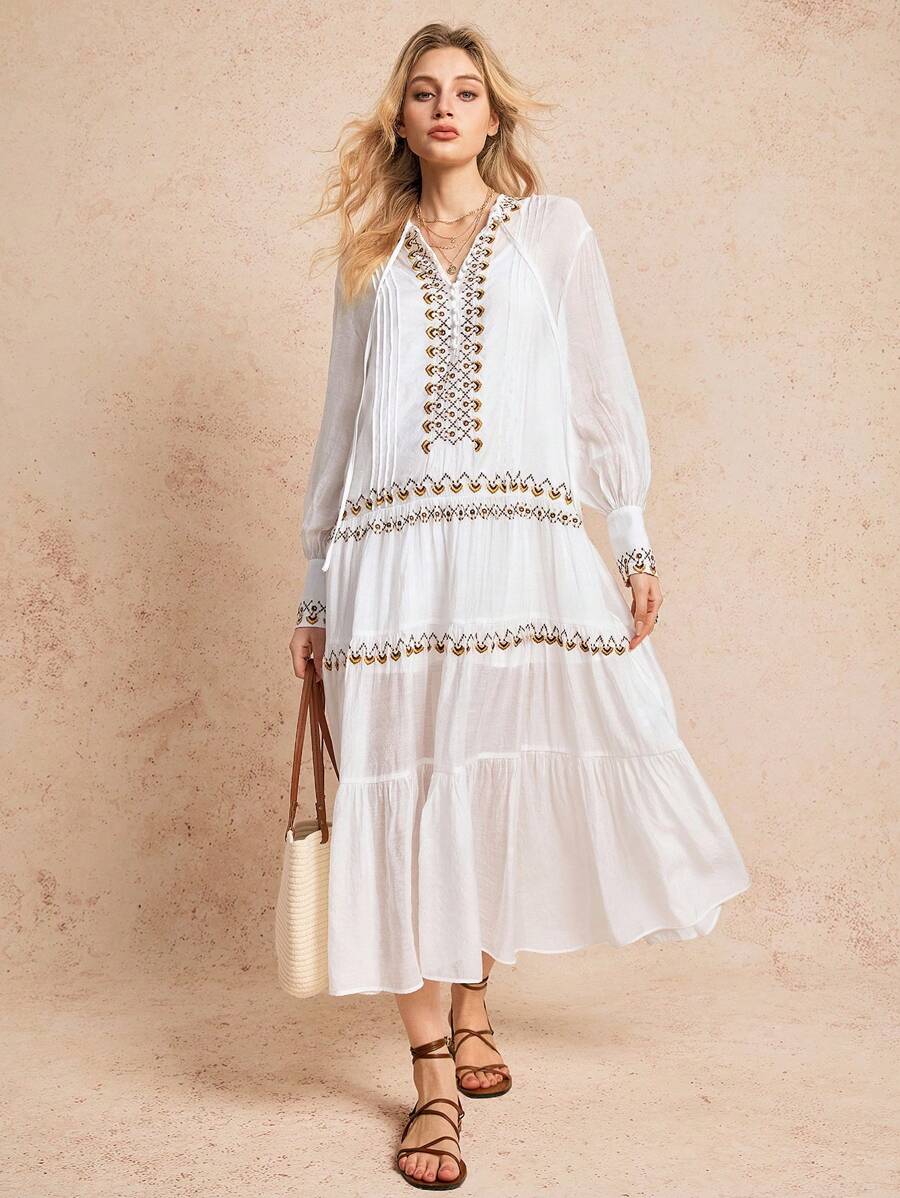 Poéselle Elegant White Boho Maxi Dress With Embroidered Details And Balloon Sleeves - Perfect For Summer Vibes,Women's Bohemian Dresses, Embroidered Fashion, Summer Maxi Dresses, Flowy Boho Styles, Casual Beach Dresses