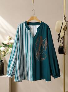 Lacomfia Plus Size Women Contrast Color Block Striped Loose Casual Rhinestone Decorated Shirt Fall Cloth For Women - Green - View 1