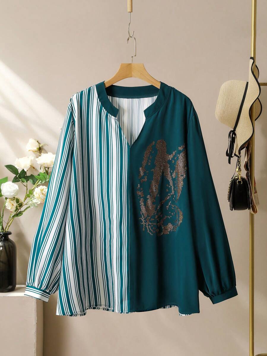Lacomfia Plus Size Women Contrast Color Block Striped Loose Casual Rhinestone Decorated Shirt Fall Cloth For Women - Green - View 1
