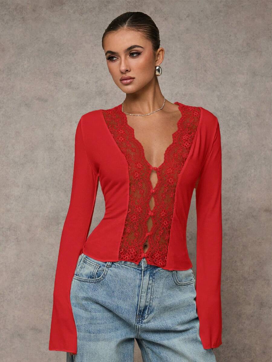 SHEIN BAE 冬季女装蕾丝性感长袖上衣女士开衫上衣、圣诞上衣 - 紅色 - 查看 1