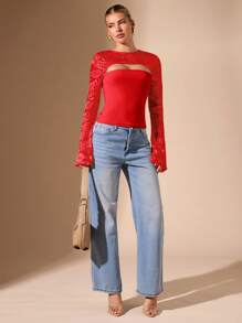 SHEIN BAE Top de punto de manga larga con cuello ahuecado de color negro sólido para mujer, básico simple y sexy con encaje empalme, adecuado para salir, citas, fiestas nocturnas, otoño/invierno - Rojo - Ver 3