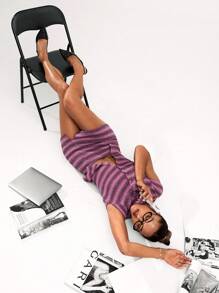 SHEIN BAE 女士立领短袖纽扣条纹休闲上衣，适合日常穿着 - 玫紅色 - 查看 5