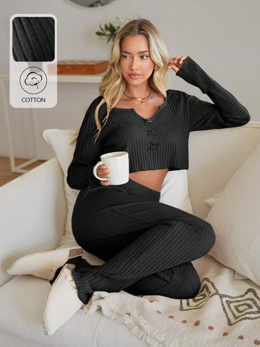 RueChic 2pcs Cotton Contrast Colour Ribbon Detail Homewear Set - Black - View 1