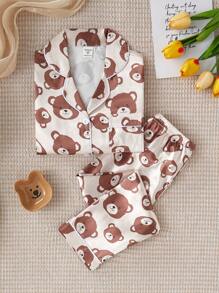 Pyjamaset met lange mouwen en imitatiezijden berenprint voor jong meisje