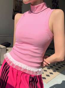 DAZY 女士纯色蕾丝下摆高领无袖背心，春夏 - 粉色 - 查看 6