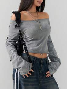 Coolane Camiseta básica de manga larga gris con hombros descubiertos para mujer, estilo primavera/verano Y2K