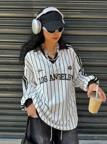 SHEIN EZwear Women's New Striped Letter & Number Print T-Shirt, Sporty Style