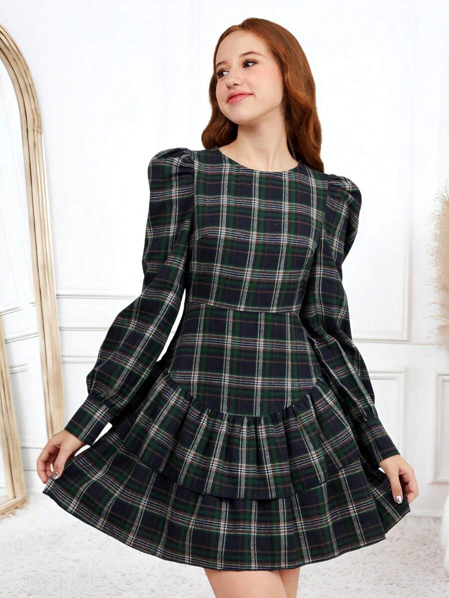 SHEIN 少女复古格子泡泡袖圣诞连衣裙 - 藍色 - 查看 1