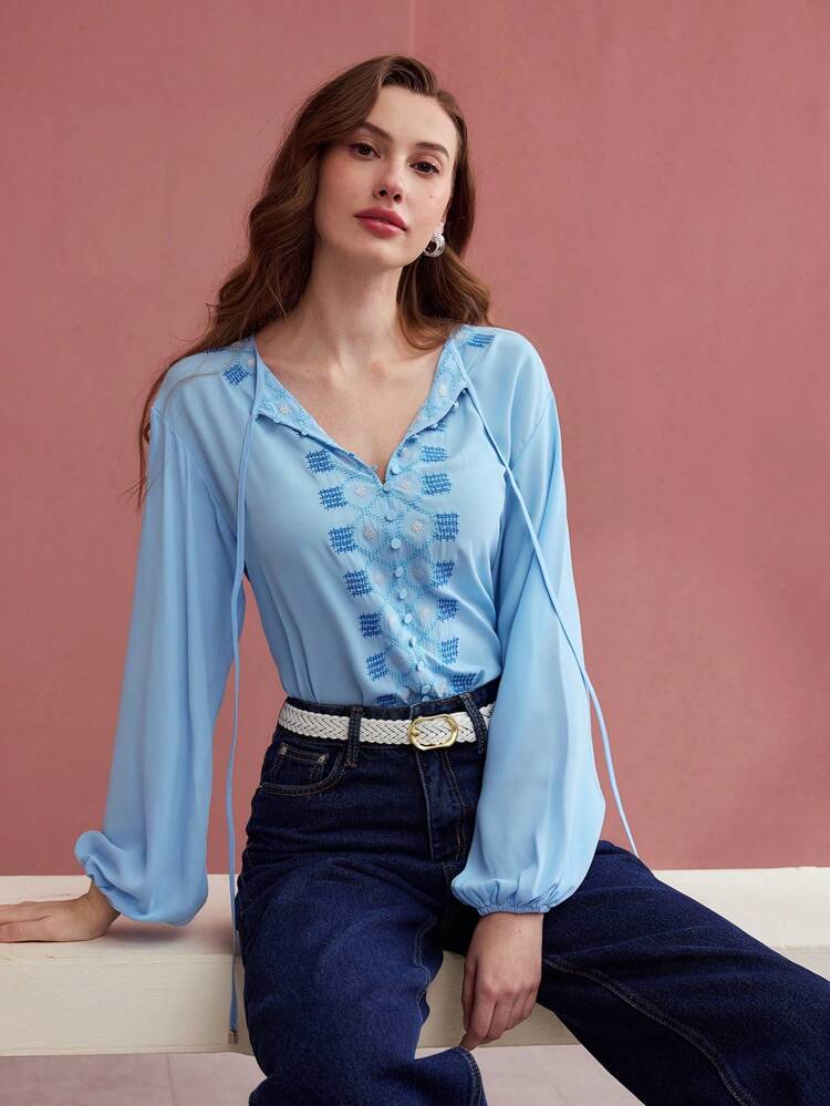 EMBROIDERY TIE NECK BLOUSE