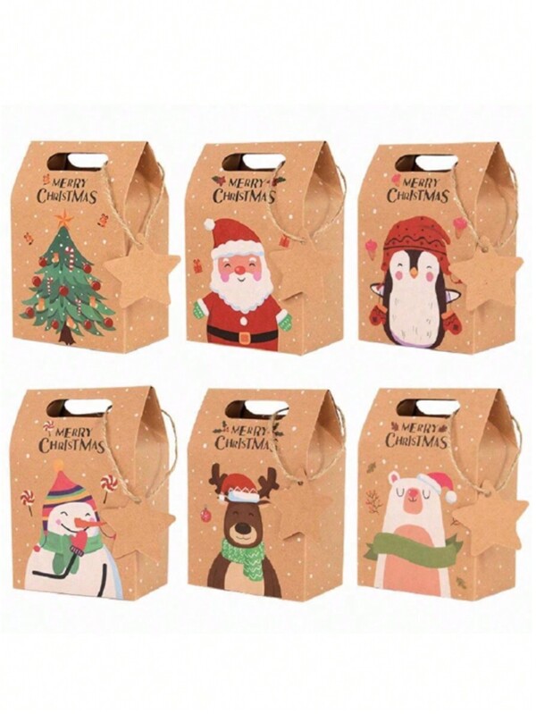 SHEIN 6/12/24Pcs Merry Christmas Candy Box With Tag 6 Patterns Kraft Paper Cookies Gift Packing Bag 2024 Xmas Party Home Decor New Year 2025,Christmas