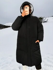 SHEIN EZwear Plus Size Hooded Zipper Plain Jacket, Casual & Fashionable For Everyday Wear, Winter