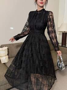 DAZY Women Elegant Mid-Length Lace Waist Cinched Dress, Autumn Prom Dress