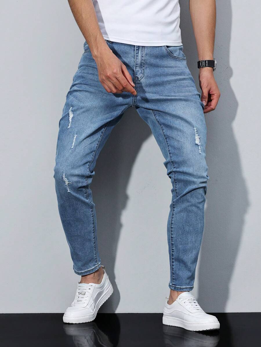 Manfinity Homme 男式休闲破洞锥形洗水牛仔裤 - 淺色水洗藍 - 查看 1