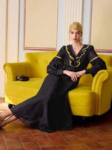 ZEYLAH WOMEN'S SEQUIN TRIM RUFFLE V NECK MAXI DRESS, FIT AND FLARE DRESS, LONG AND Lantern SLEEVES, SEMI-SHEER TEXTURED FABRIC - Black - View 9