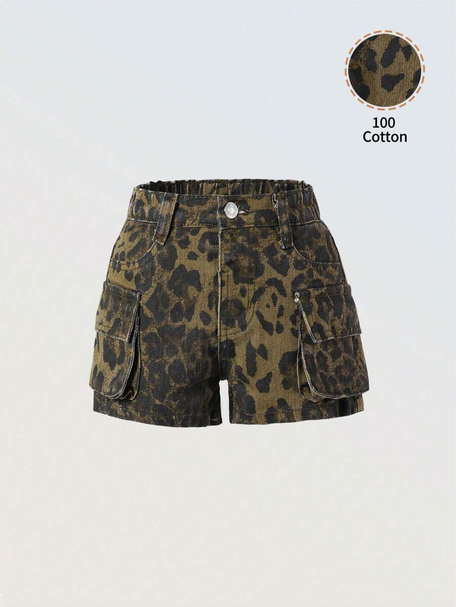 SHEIN 年轻女孩豹纹3D工装牛仔短裤，甜美街头风格 - 咖啡棕 - 查看 1