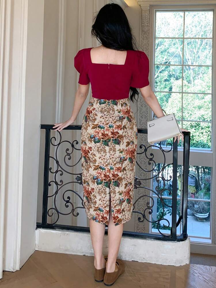 Women's Elegant Contrast Color Patchwork Puff Sleeve V-Neck Midi Dress, Summer Floral Prom Dress Sundress,Back To School Clothes Easter