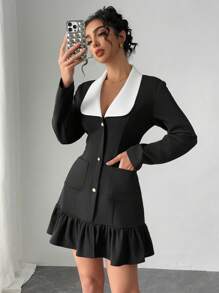 Chiquease Basic Black & White Contrast Pearl Button Decor Long Sleeve Mini Dress For Women - Black and White - View 1