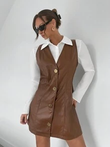 SHEIN Essnce Women's Solid Color Front Button Simple Casual Short Dress - Brown - View 3